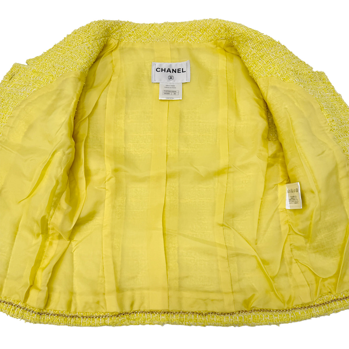 CHANEL TWEED JACKET SKIRT SET COCO BUTTON RHINESTONE YELLOW COTTON 36 P42 RTW 90288977 - PURPOSE