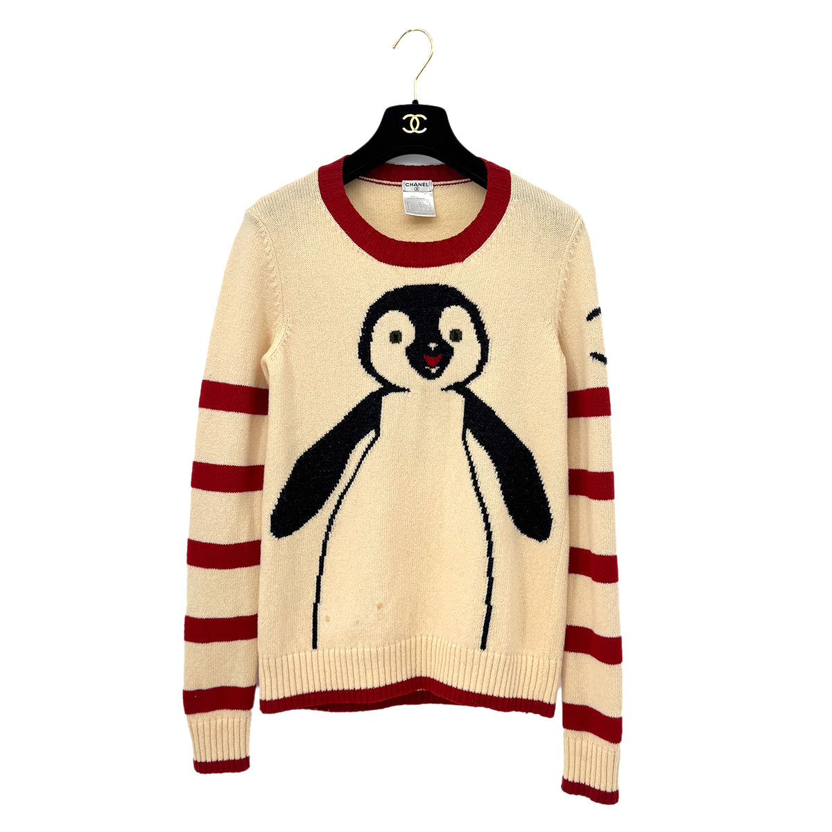CHANEL VINTAGE 2007 BODER PATERN PENGUIN COCOMARK SWEATER RED IVORY WOOL 36 07A RTW 90289561
