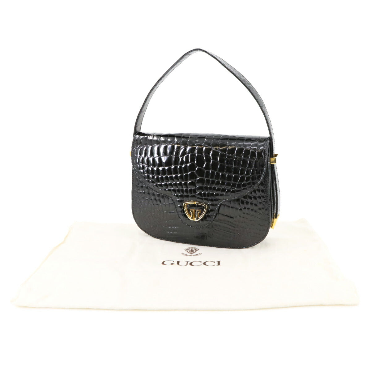 GUCCI Crocodile Handbag in Black with Gold and Silver Hardware. Vintage Handbag, Gucci 90290903
