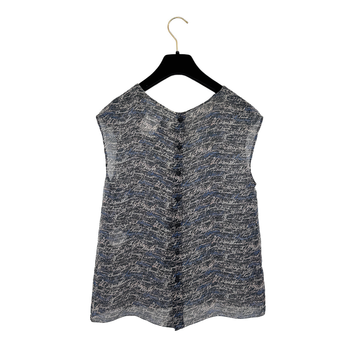 CHANEL LOGO PATTERN SLEEVELESS BLOUSE COCO BUTTON GRAY BLUE SILK 38 P40 RTW 90292791 - PURPOSE