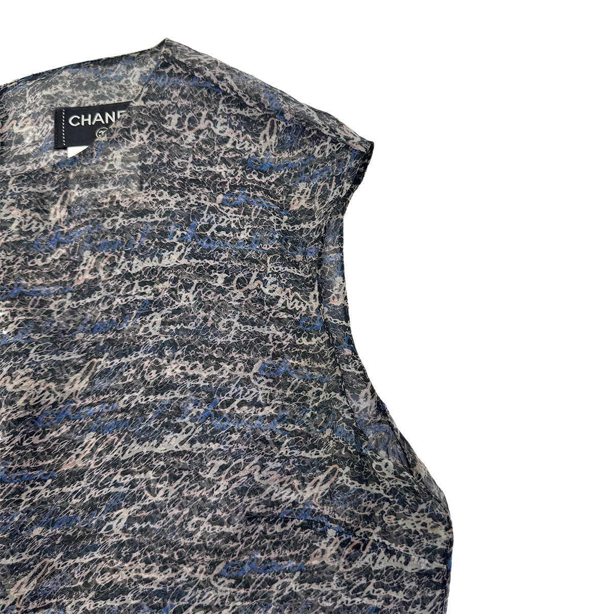 CHANEL LOGO PATTERN SLEEVELESS BLOUSE COCO BUTTON GRAY BLUE SILK 38 P40 RTW 90292791 - PURPOSE
