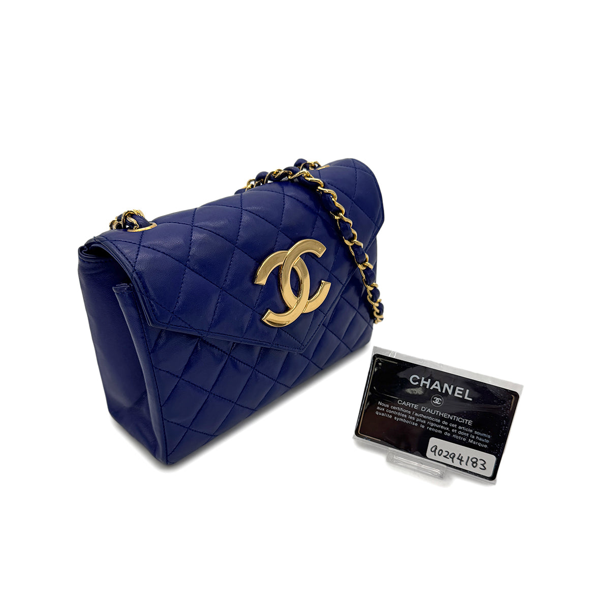 CHANEL VINTAGE MINI MATELASSE BIG COCO CHAIN SHOULDER BAG BLUE LAMB SKIN 90294183