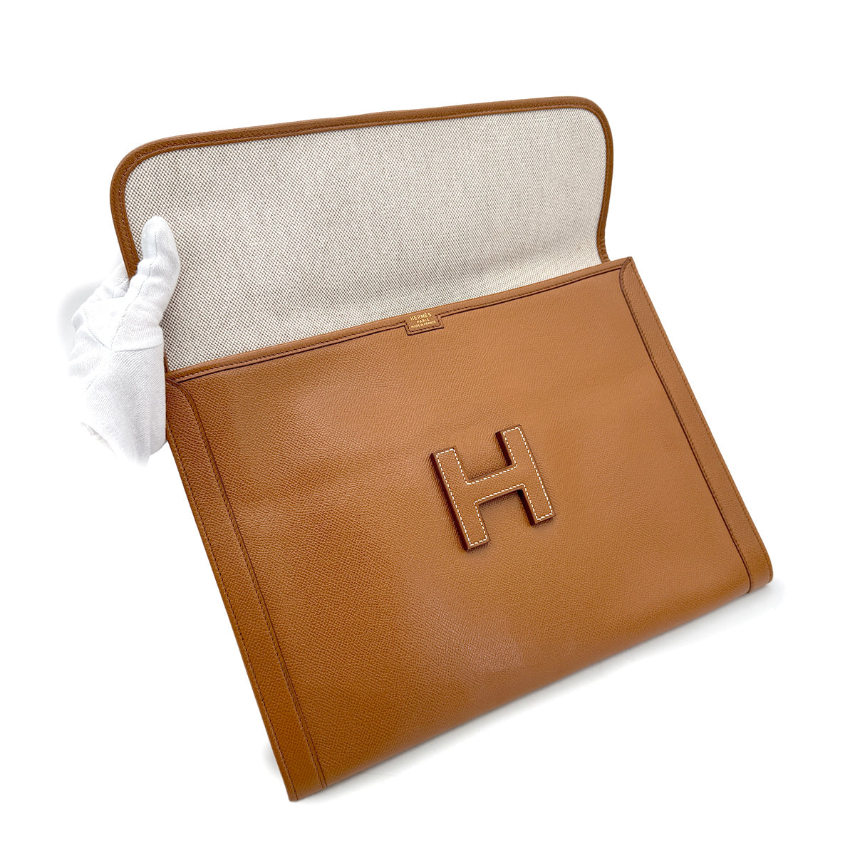 HERMES JIGE GM GOLD COUCHEVEL CLUTCH BAG V 90296454