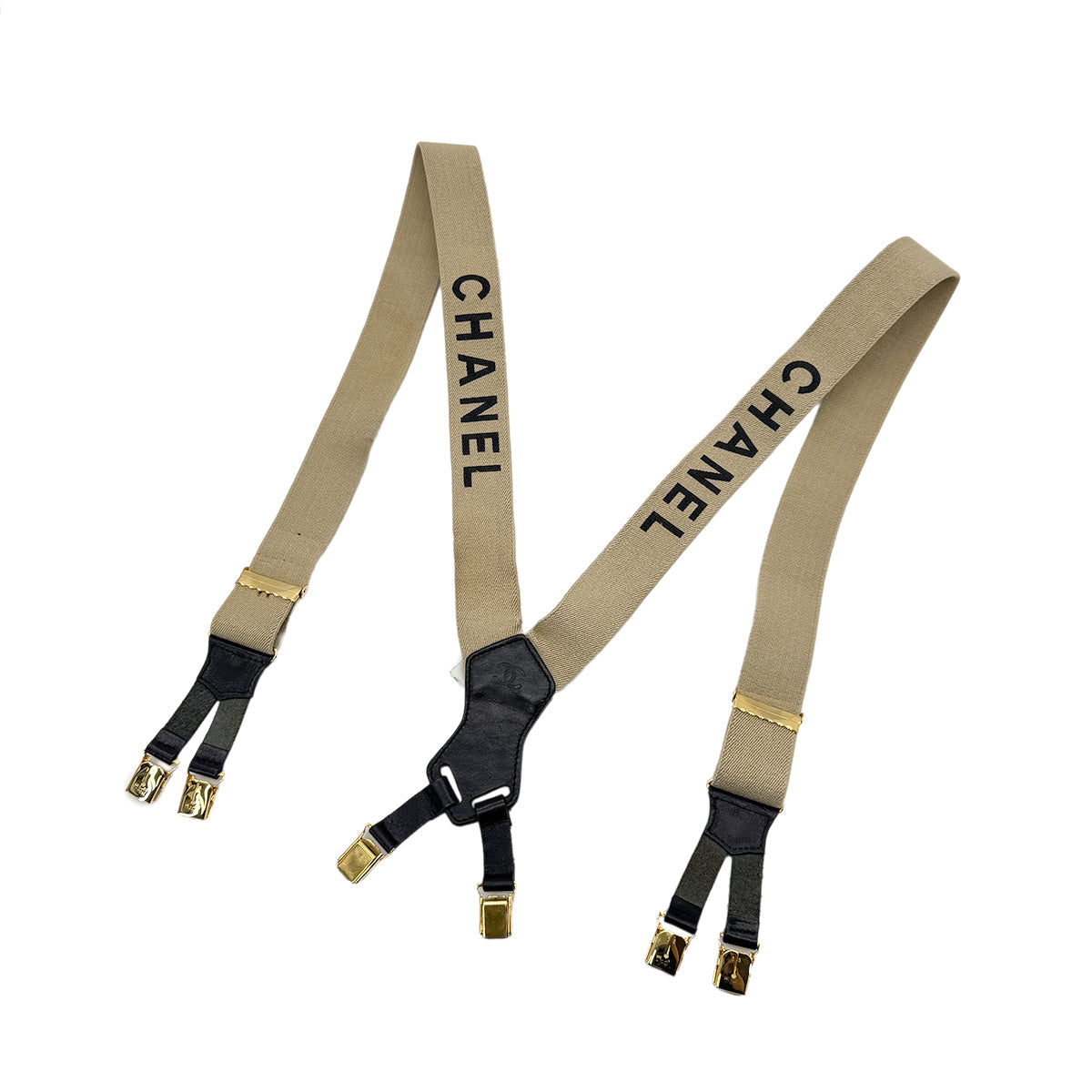 CHANEL VINTAGE SUSPENDER LOGO BEIGE BLACK CANVAS LEATHER 90296572