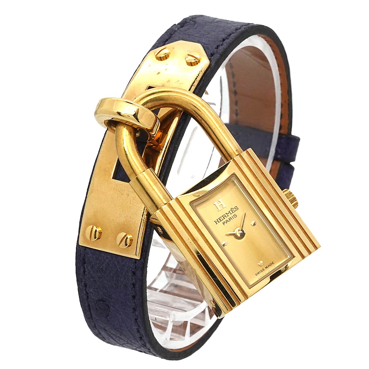 HERMES Kelly Watch, Vintage Women's Watch, Gold and Navy, Quartz Watch with Cadena, 90297251