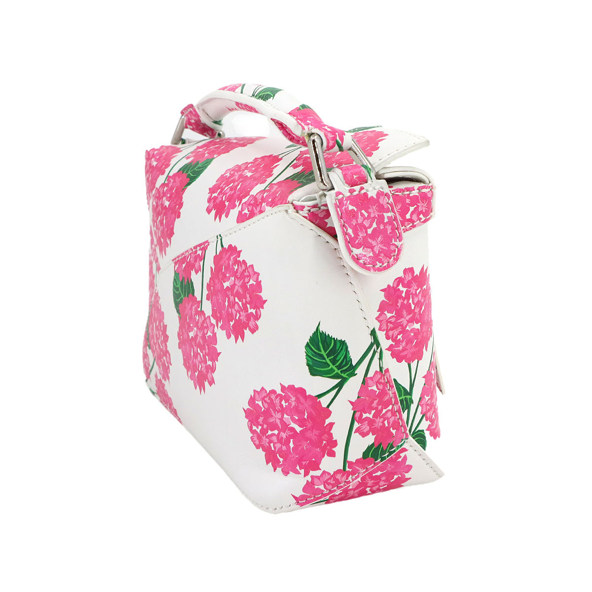 LOEWE Puzzle Bag Mini 2-way hand/shoulder bag in white leather with pink flowers and silver hardware. Item number 90297500