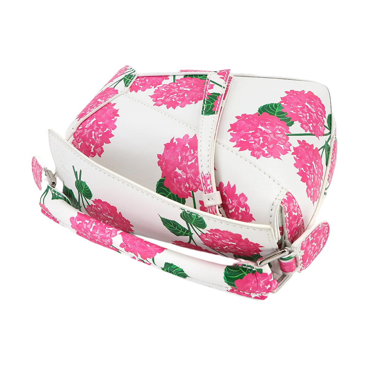 LOEWE Puzzle Bag Mini 2-way hand/shoulder bag in white leather with pink flowers and silver hardware. Item number 90297500