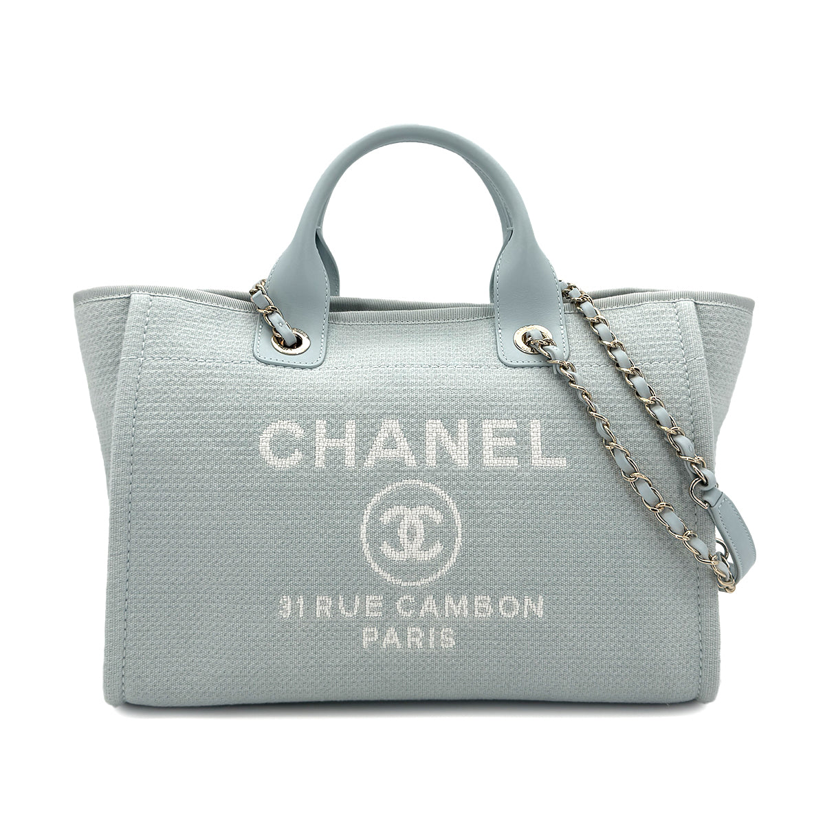 CHANEL DEAUVILLE MM CHAIN TOTE BAG LIGHT BLUE CANVAS LEATHER 90299536
