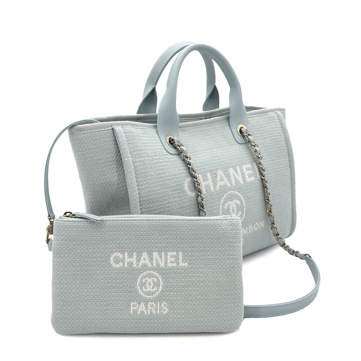 CHANEL DEAUVILLE MM CHAIN TOTE BAG LIGHT BLUE CANVAS LEATHER 90299536