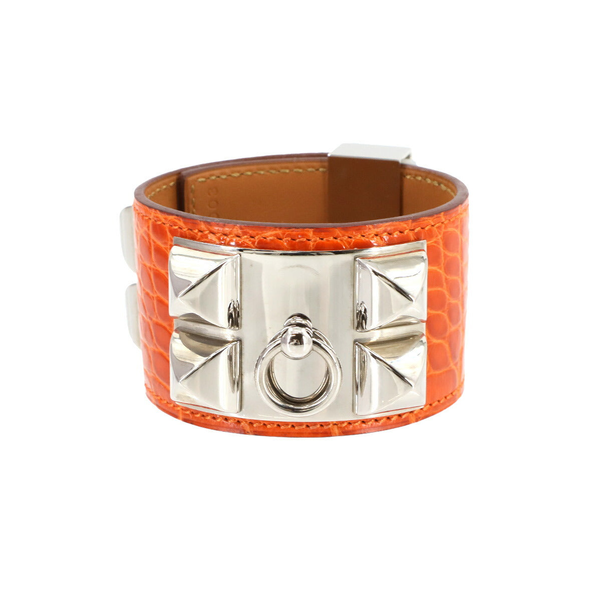 HERMES Crocodile and Alligator Collier de Chien Bangle, Orange, T Stamp, Silver Hardware, Hermès 90299690