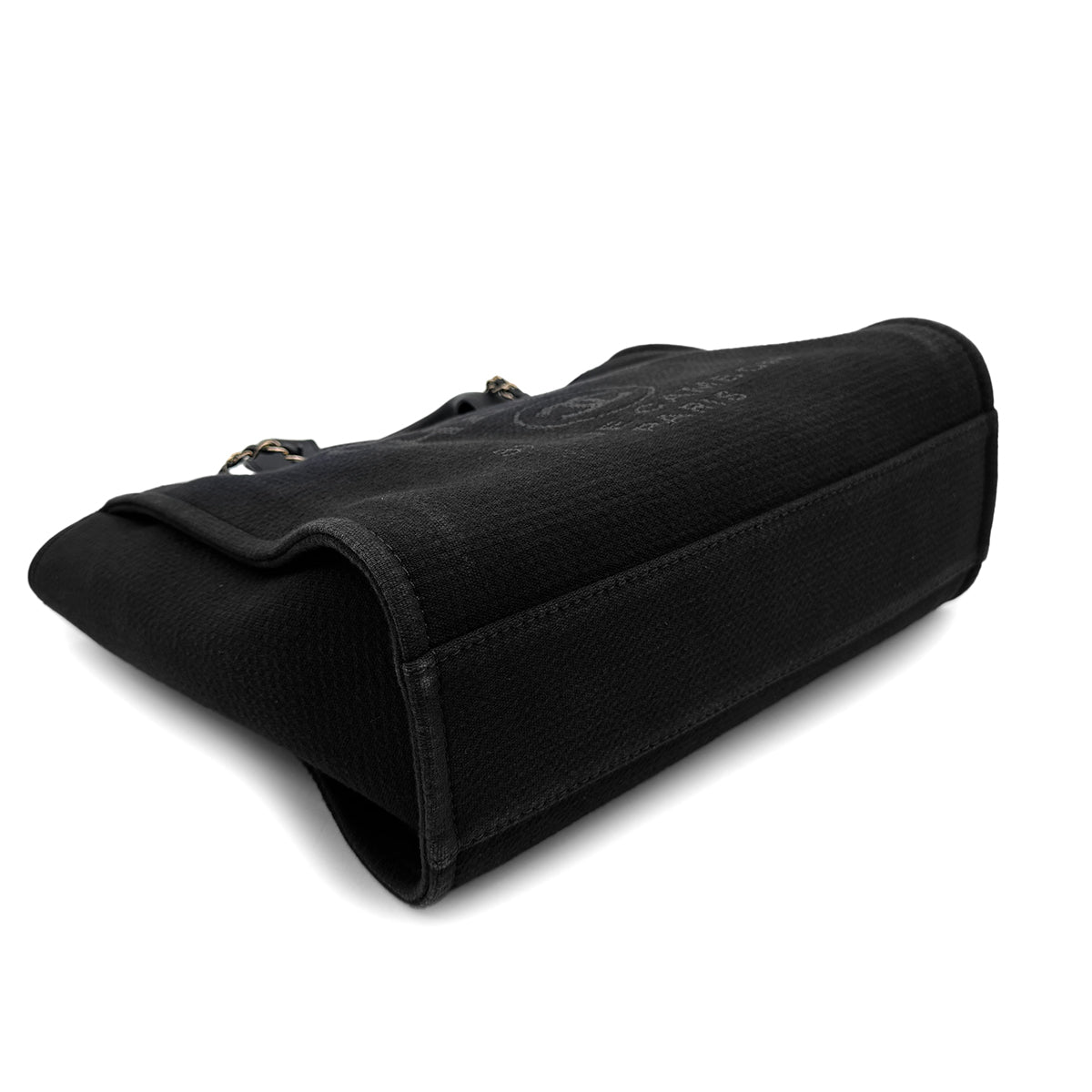 CHANEL DEAUVILLE MM CHAIN TOTE BAG BLACK CANVAS LEATHER 90300006