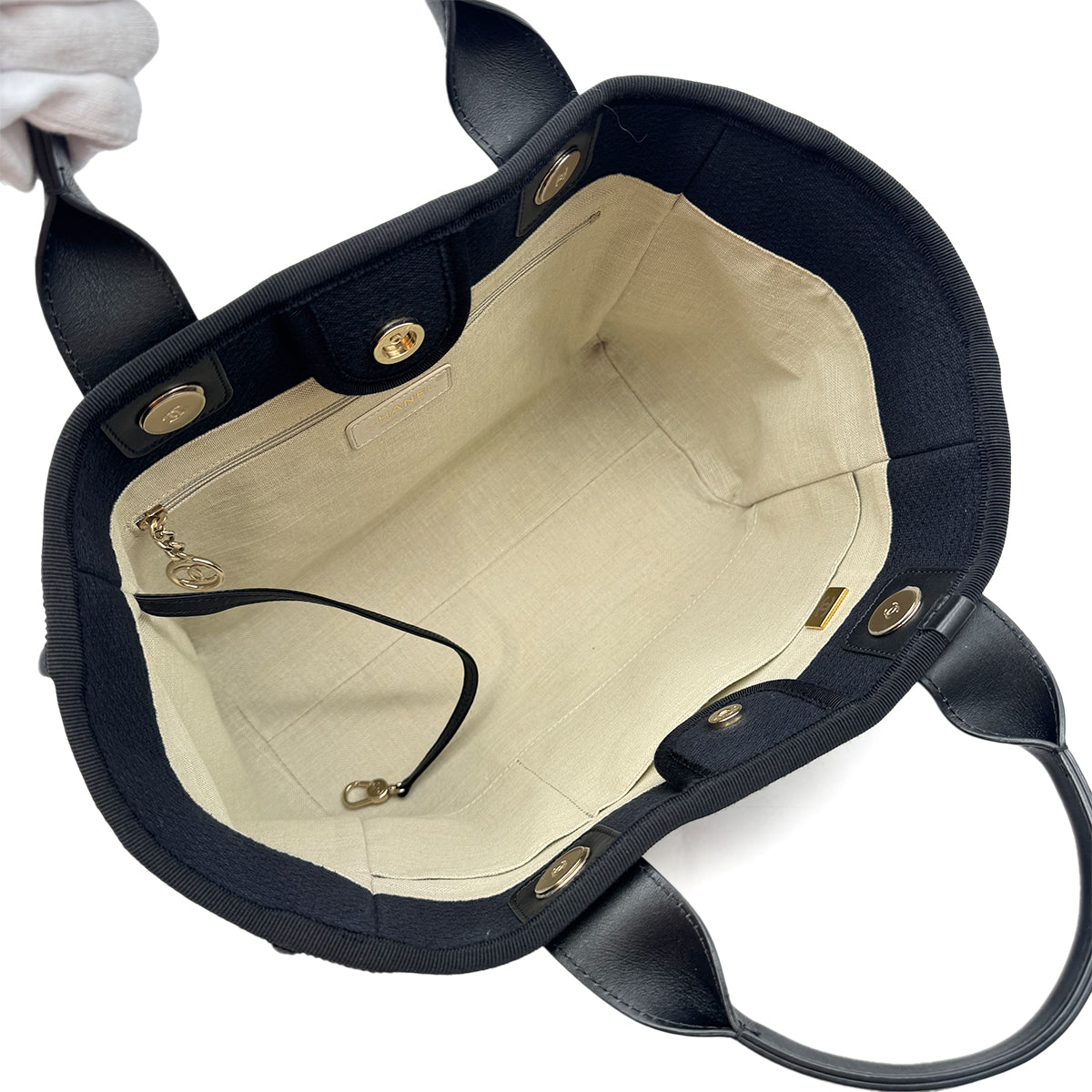 CHANEL DEAUVILLE MM CHAIN TOTE BAG BLACK CANVAS LEATHER 90300006