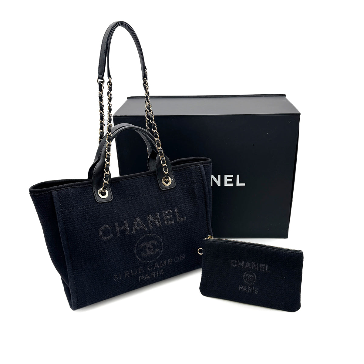 CHANEL DEAUVILLE MM CHAIN TOTE BAG BLACK CANVAS LEATHER 90300006