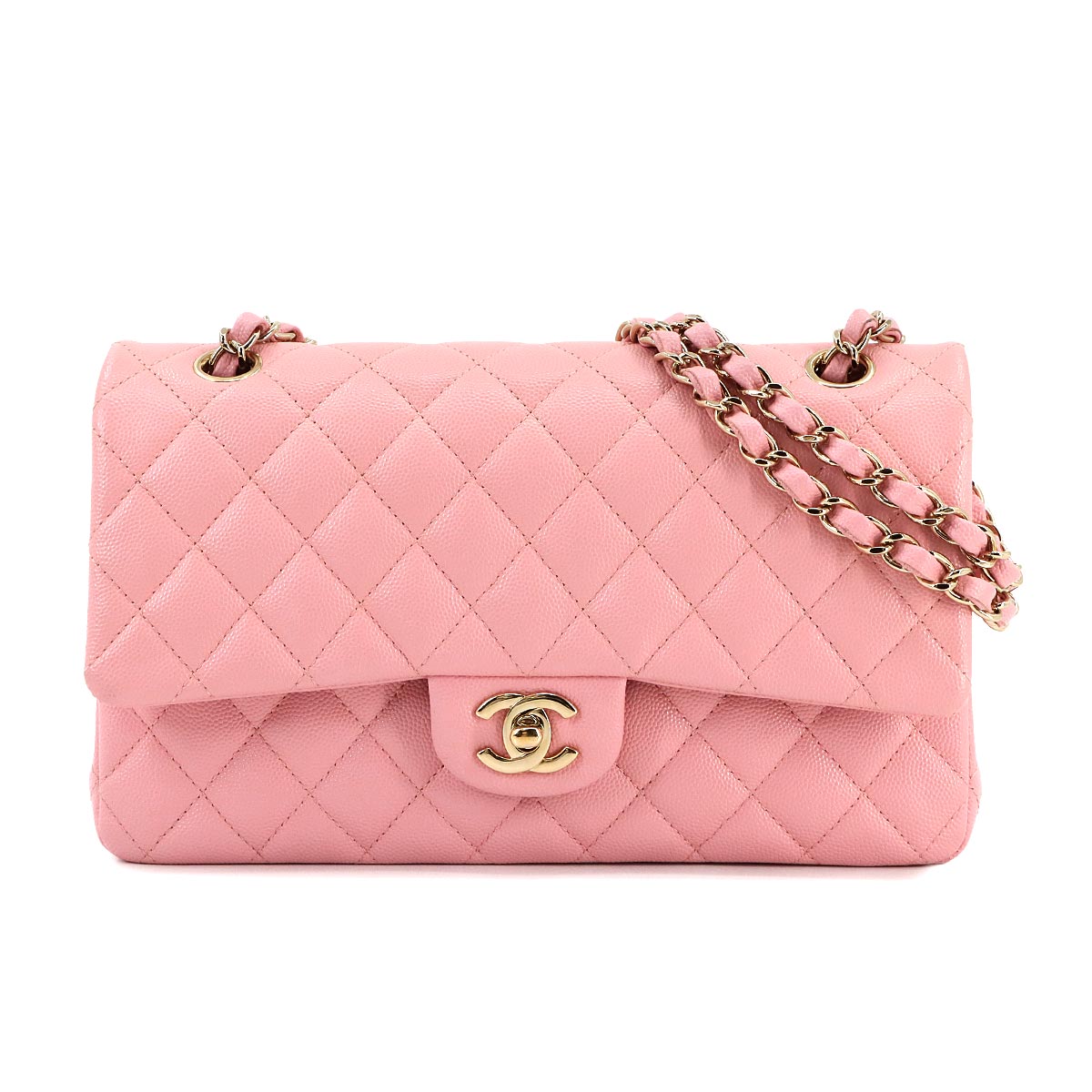 CHANEL Matelasse 25 Chain Shoulder Bag in Pink Caviar Leather (A01112) with Gold Hardware and Coco Mark. Product Code: 90300332.