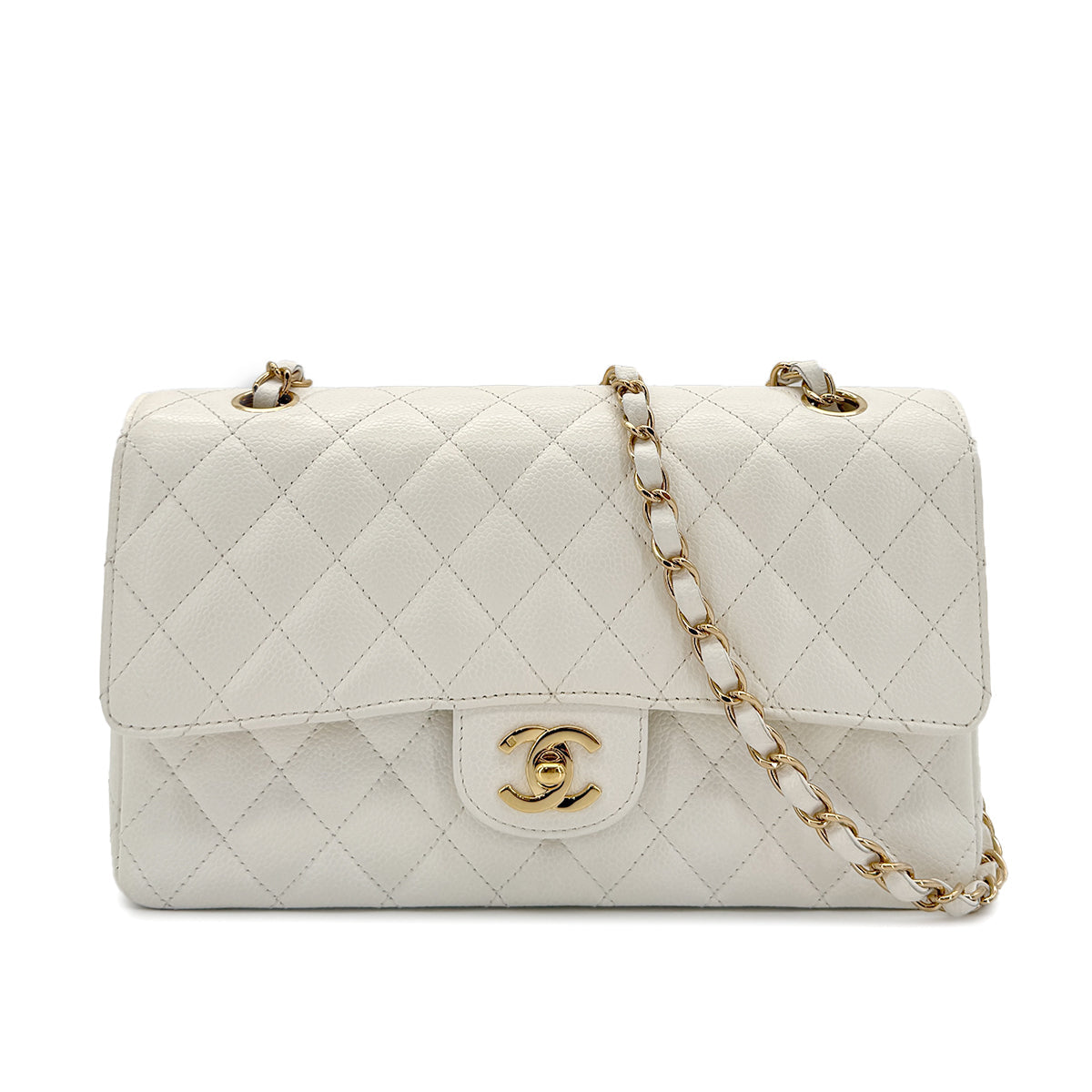 CHANEL VINTAGE CLASSIC FLAP MEDIUM CHAIN SHOULDER BAG WHITE CAVIAR SKIN 90301011
