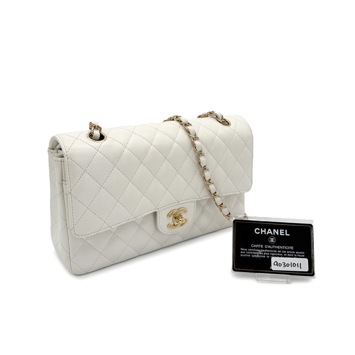 CHANEL VINTAGE CLASSIC FLAP MEDIUM CHAIN SHOULDER BAG WHITE CAVIAR SKIN 90301011
