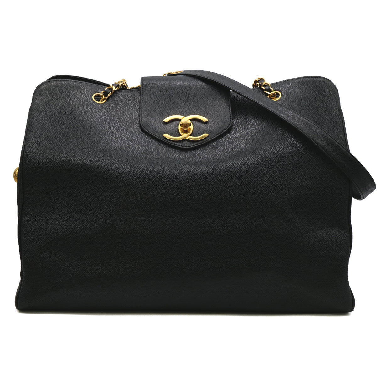 CHANEL VINTAGE SUPER MODEL BIG COCO CHAIN TOTE BAG BLACK CAVIAR SKIN 90301739
