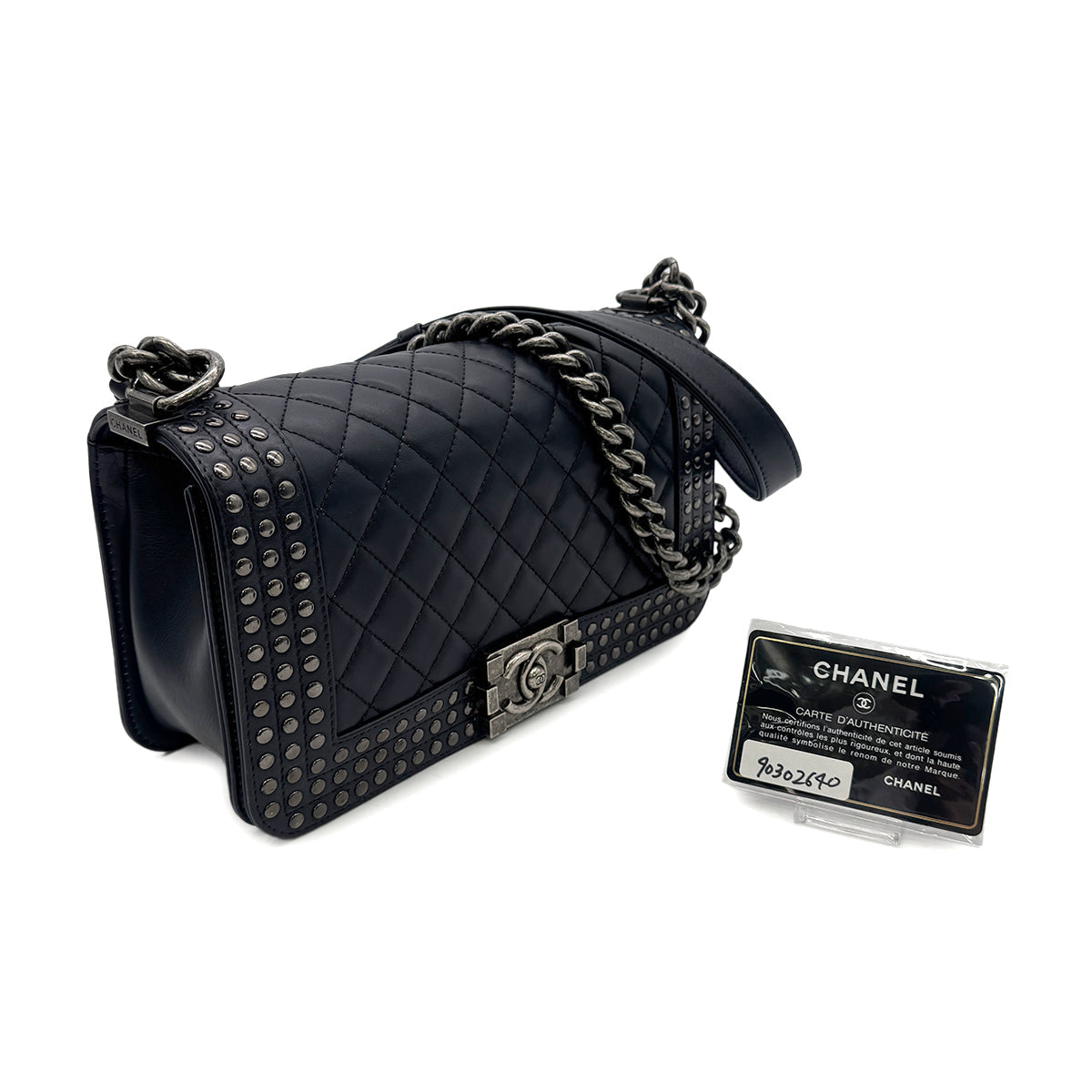 CHANEL BOY CHANEL CHAIN SHOULDER BAG NAVY LEATHER 90302646