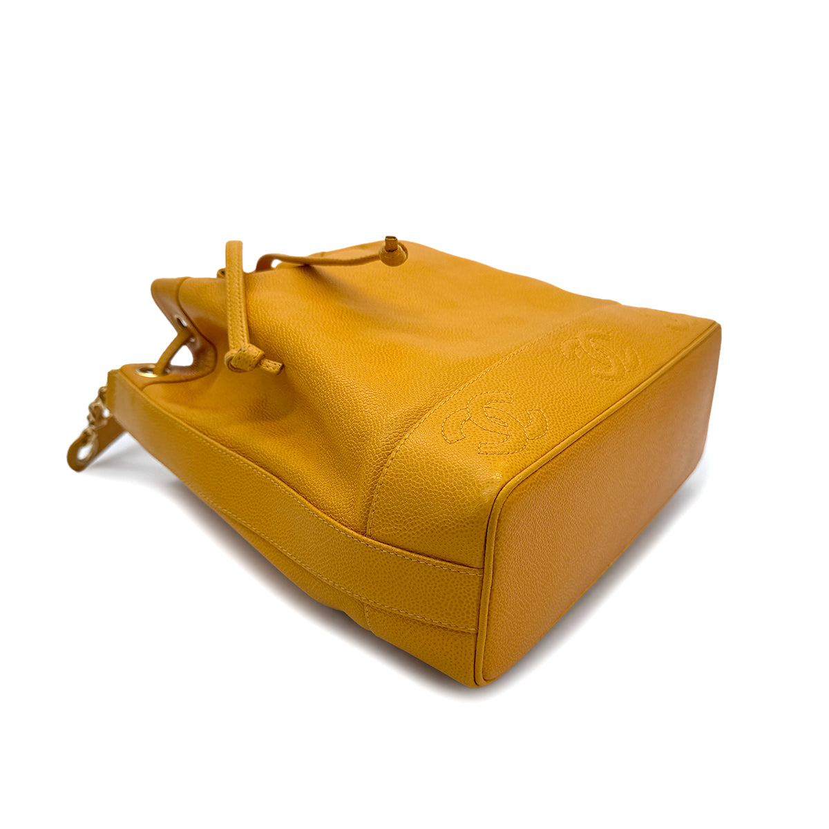 CHANEL VINTAGE TRIPLE COCOMARK DRAWSTRING CHAIN SHOULDER BAG YELLOW CAVIAR SKIN 90302912