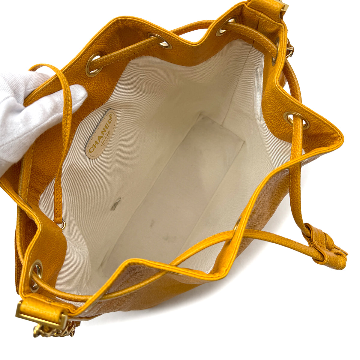 CHANEL VINTAGE TRIPLE COCOMARK DRAWSTRING CHAIN SHOULDER BAG YELLOW CAVIAR SKIN 90302912