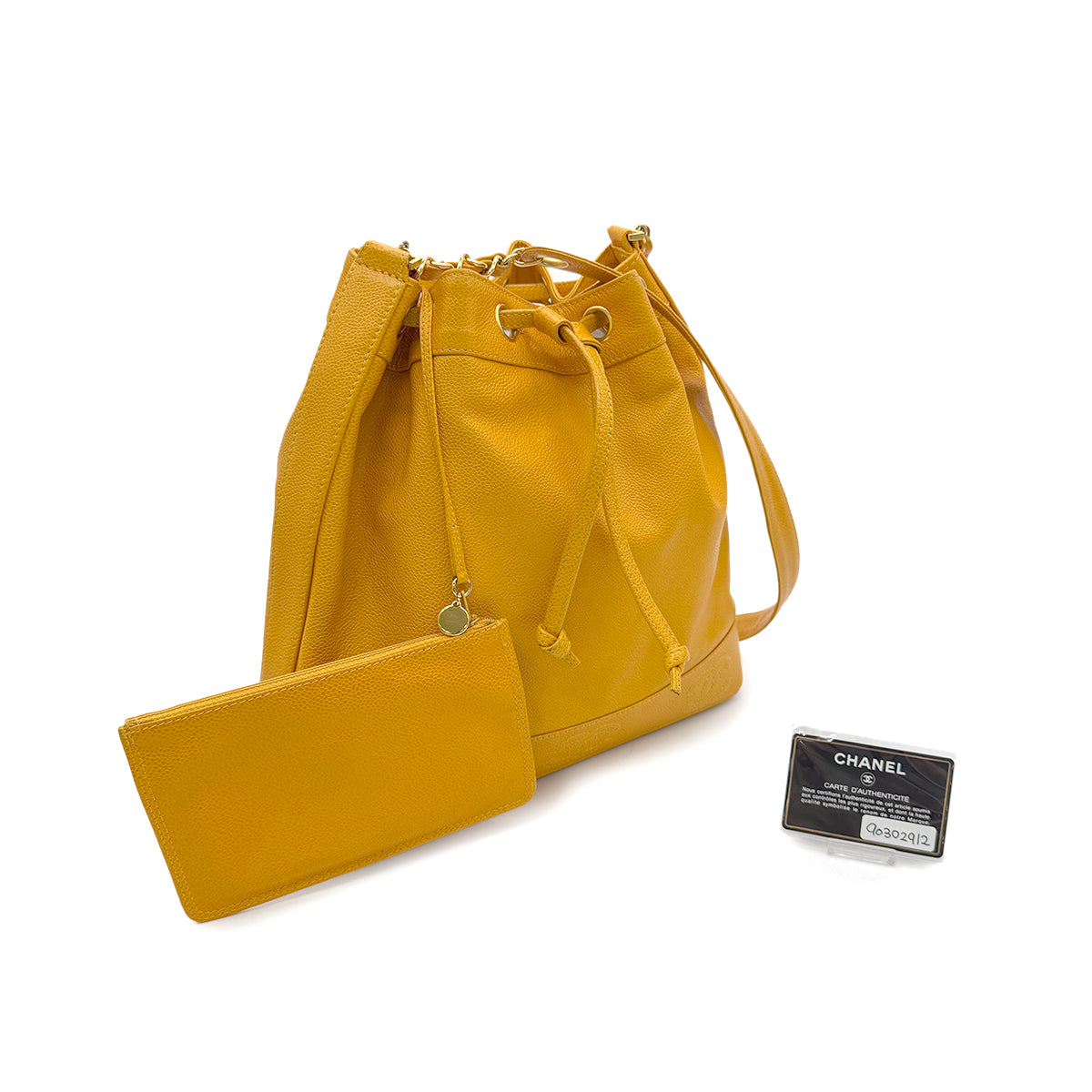 CHANEL VINTAGE TRIPLE COCOMARK DRAWSTRING CHAIN SHOULDER BAG YELLOW CAVIAR SKIN 90302912