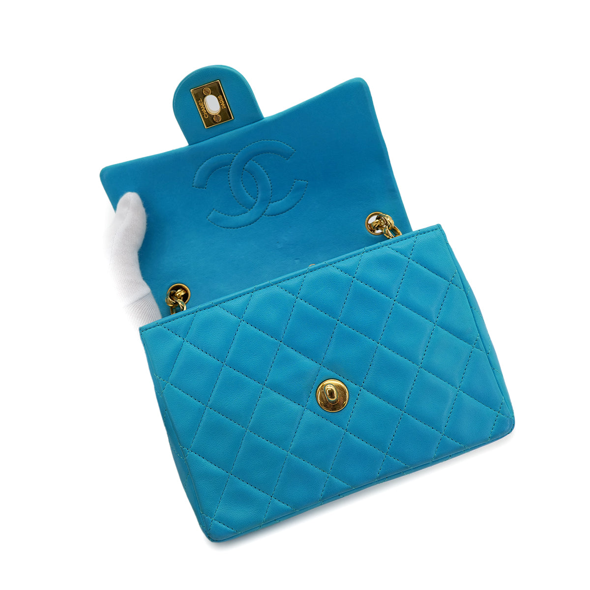 CHANEL VINTAGE MINI SQUARE 17 BIJOU CHAIN SHOULDER BAG BLUE LAMB SKIN 90303008 - PURPOSE