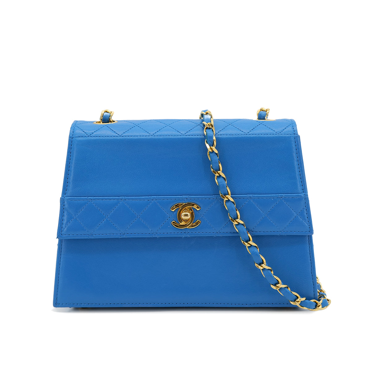 CHANEL VINTAGE MATELASSE TRAPEZOID CHAIN SHOULDER BAG BLUE LAMB SKIN 90303009