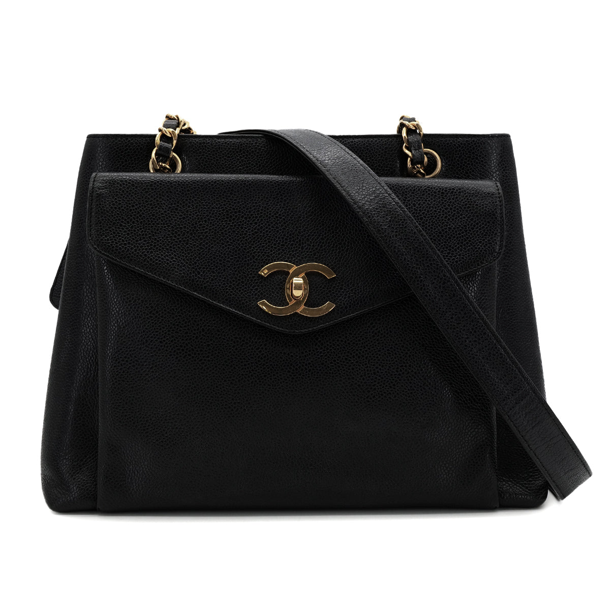 CHANEL VINTAGE TURN LOCK CHAIN TOTE BAG BLACK CAVIAR SKIN 90303016