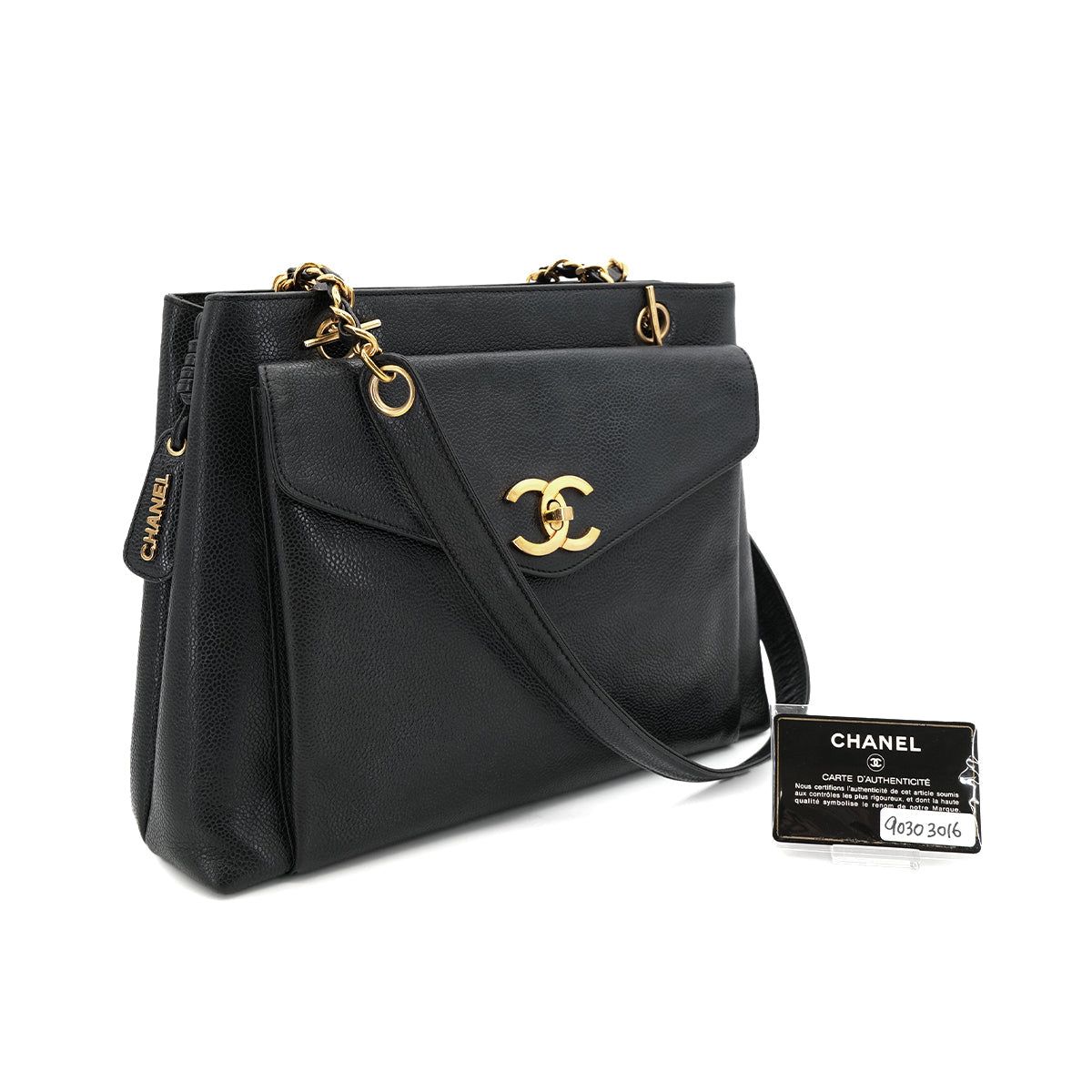 CHANEL VINTAGE TURN LOCK CHAIN TOTE BAG BLACK CAVIAR SKIN 90303016