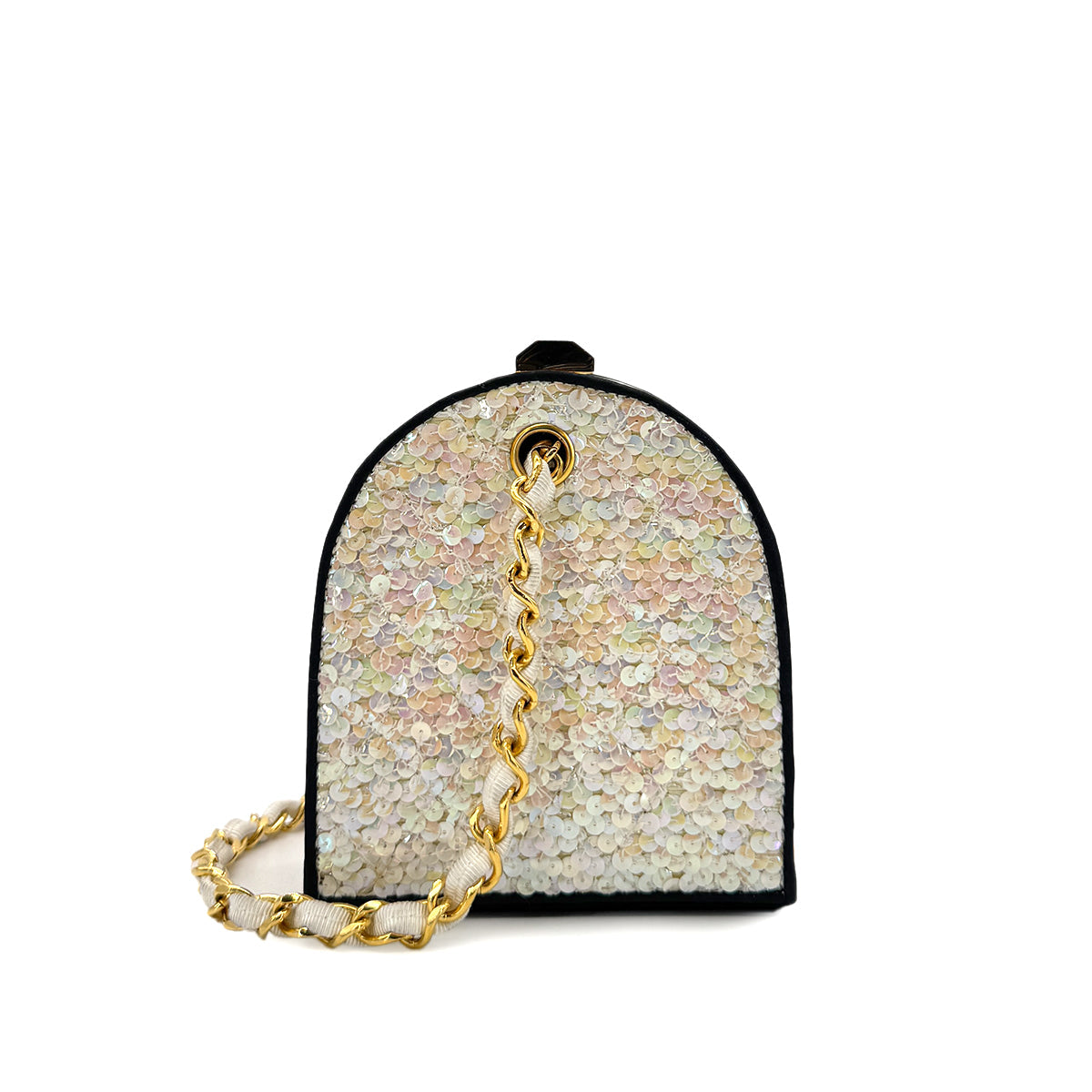 CHANEL VINTAGE COCOMARK KISS LOCK CHAIN SHOULDER BAG WHITE SEQUINS 90303023