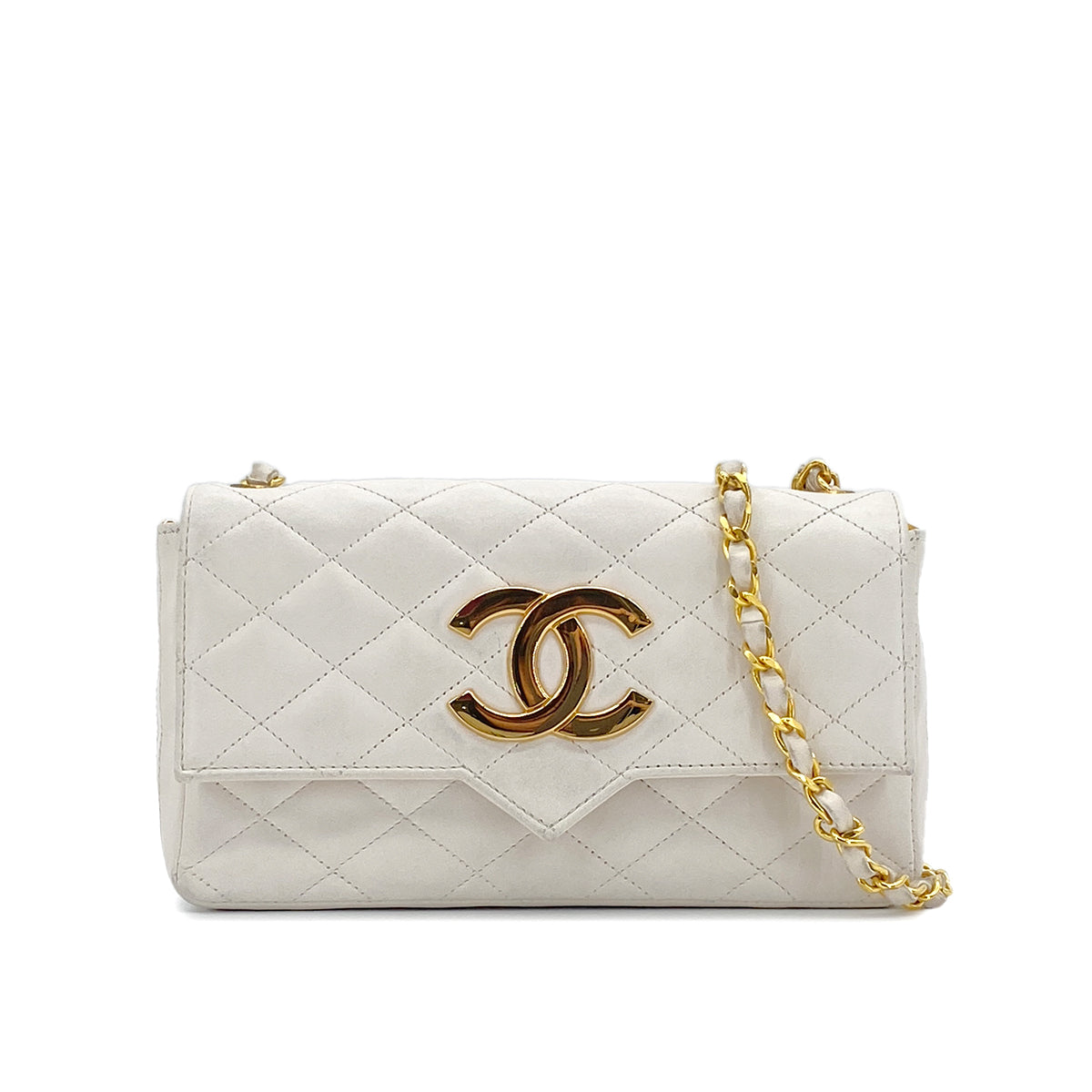 CHANEL VINTAGE MINI MATELASSE BIG COCO CHAIN SHOULDER BAG WHITE LAMB SKIN 90303314
