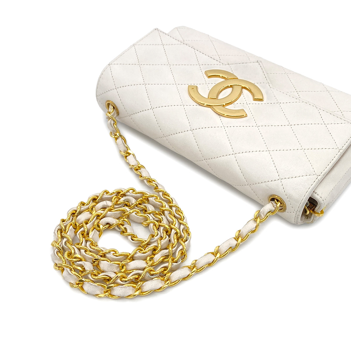 CHANEL VINTAGE MINI MATELASSE BIG COCO CHAIN SHOULDER BAG WHITE LAMB SKIN 90303314