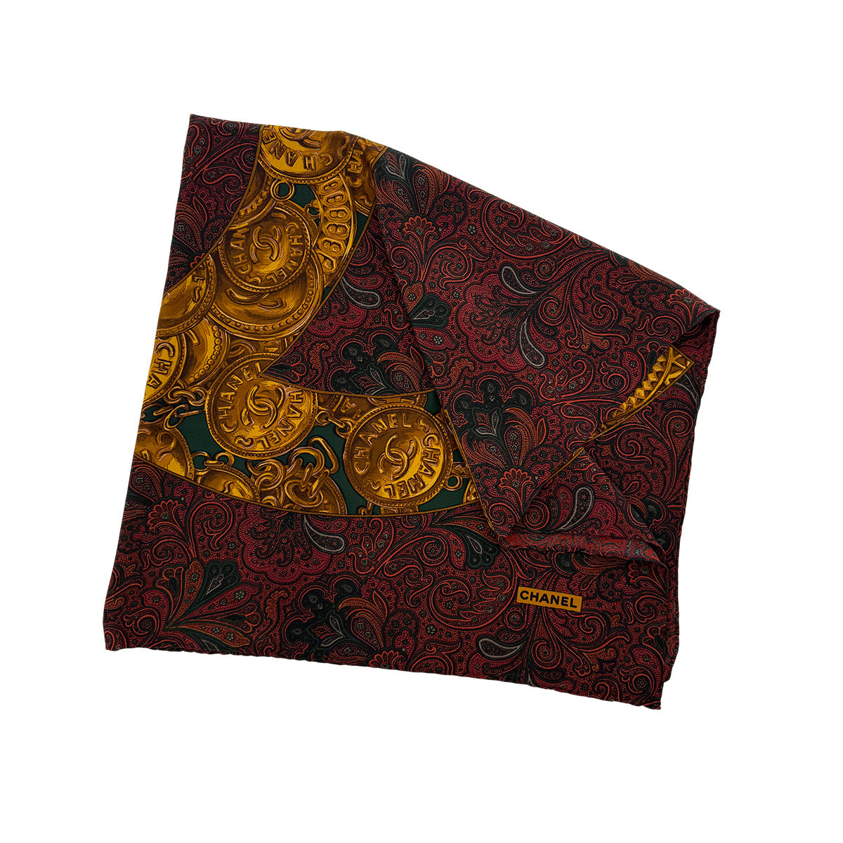 CHANEL VINTAGE SCARF COCOMARK PAISLEY PATTERN RED GOLD SILK 90303318