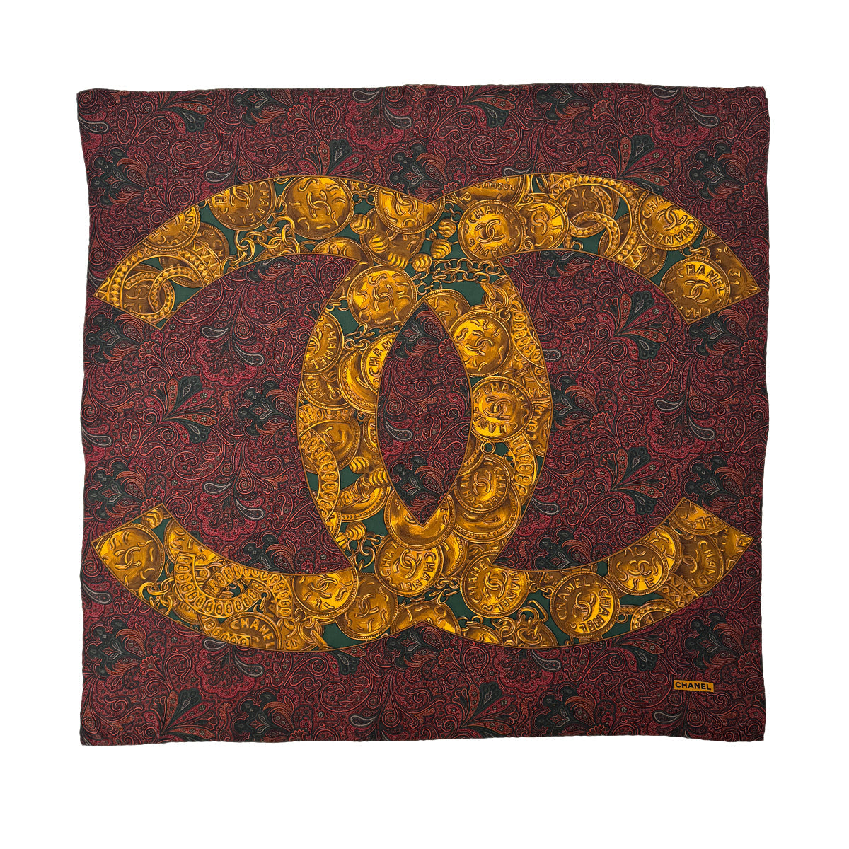 CHANEL VINTAGE SCARF COCOMARK PAISLEY PATTERN RED GOLD SILK 90303318