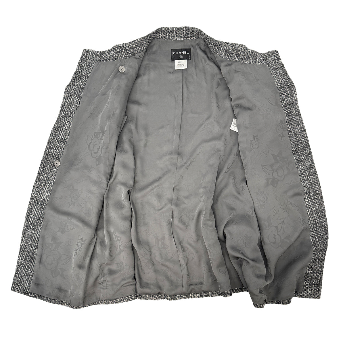 CHANEL CAMELLIA COCO BUTTON TWEED JACKET GRAY NYLON 50 P51 RTW 90303319 - PURPOSE
