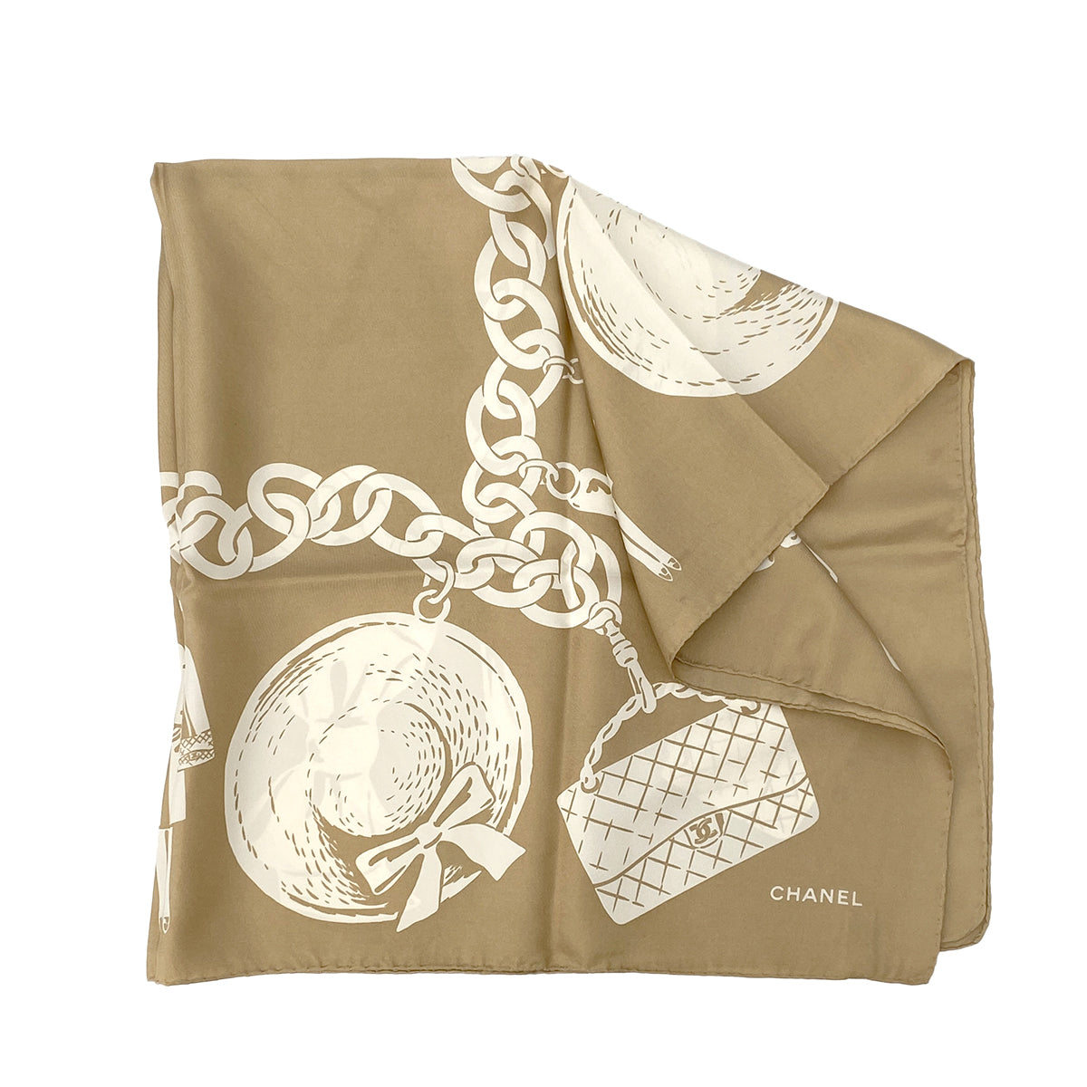 CHANEL VINTAGE SCARF BEIGE WHITE SILK 90303497