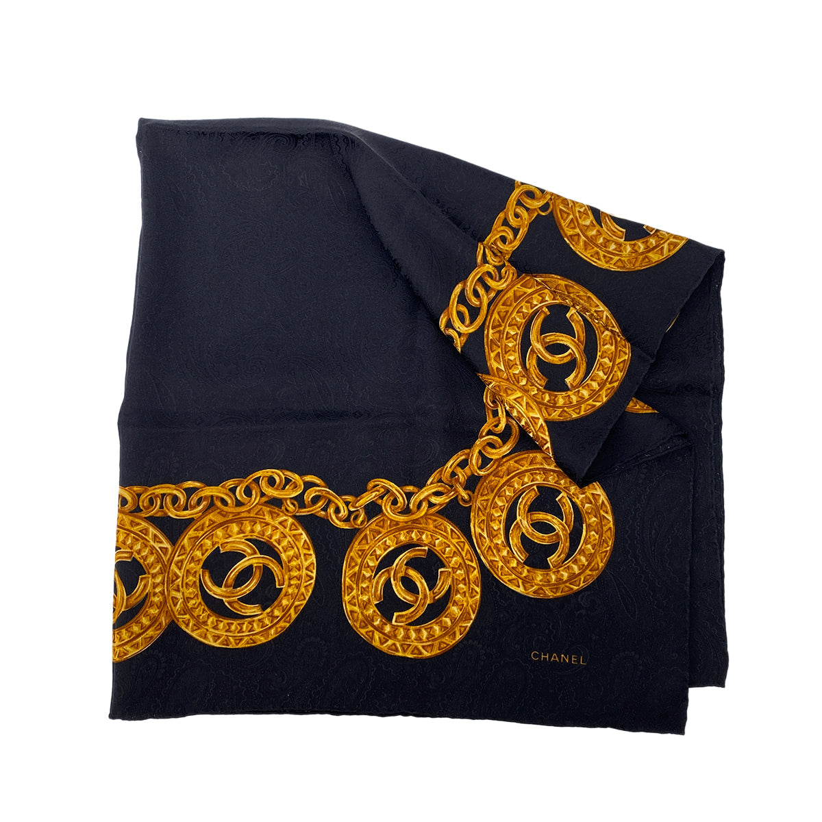 CHANEL VINTAGE SCARF BLACK GOLD SILK 90303501