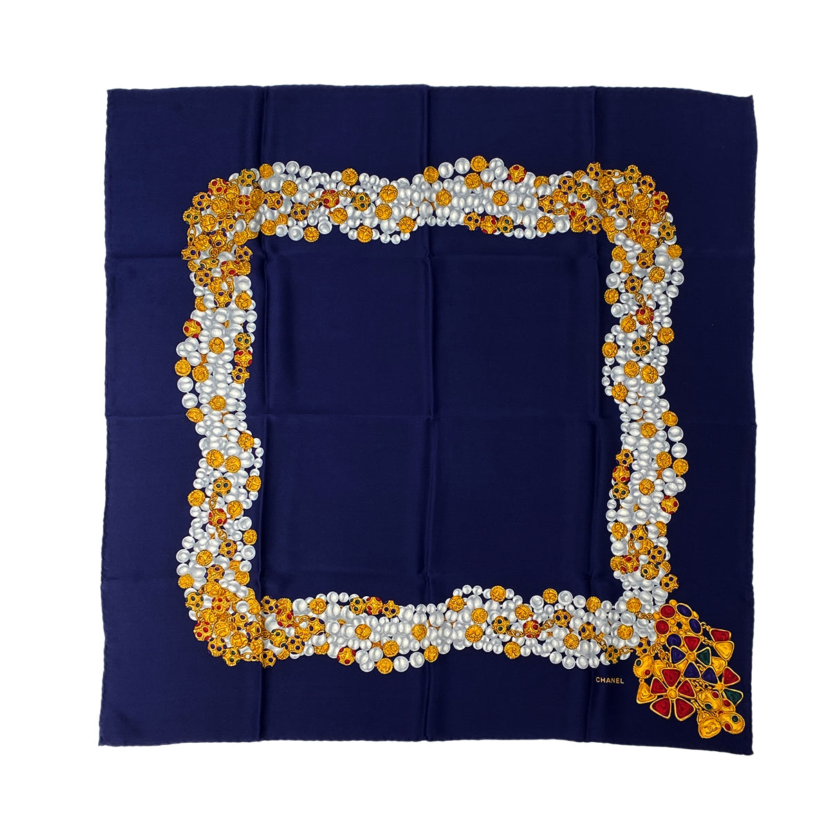 CHANEL VINTAGE SCARF NAVY MULTICOLOR SILK 90303503