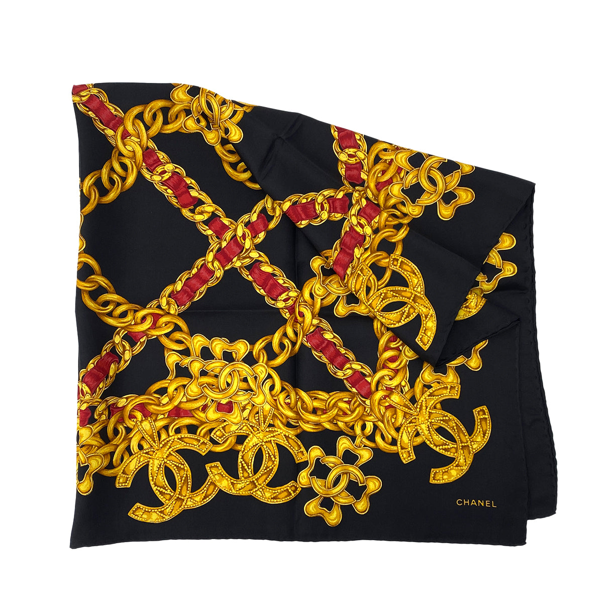 CHANEL VINTAGE SCARF BLACK GOLD RED SILK 90303504
