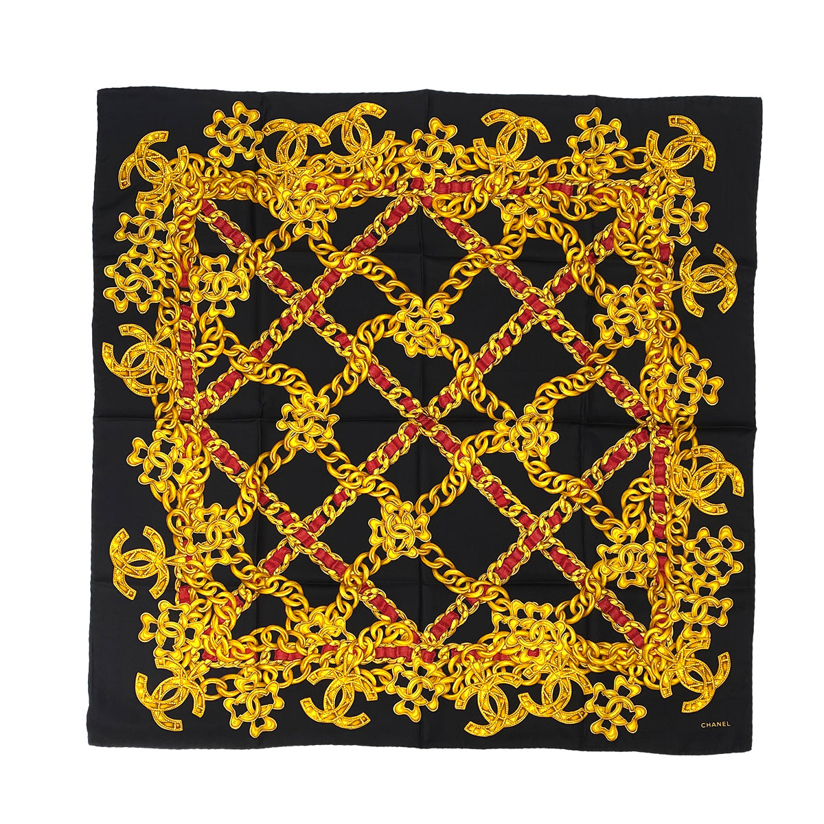 CHANEL VINTAGE SCARF BLACK GOLD RED SILK 90303504