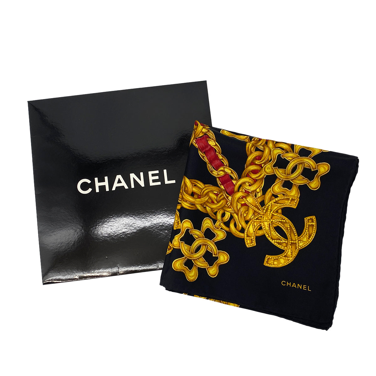 CHANEL VINTAGE SCARF BLACK GOLD RED SILK 90303504