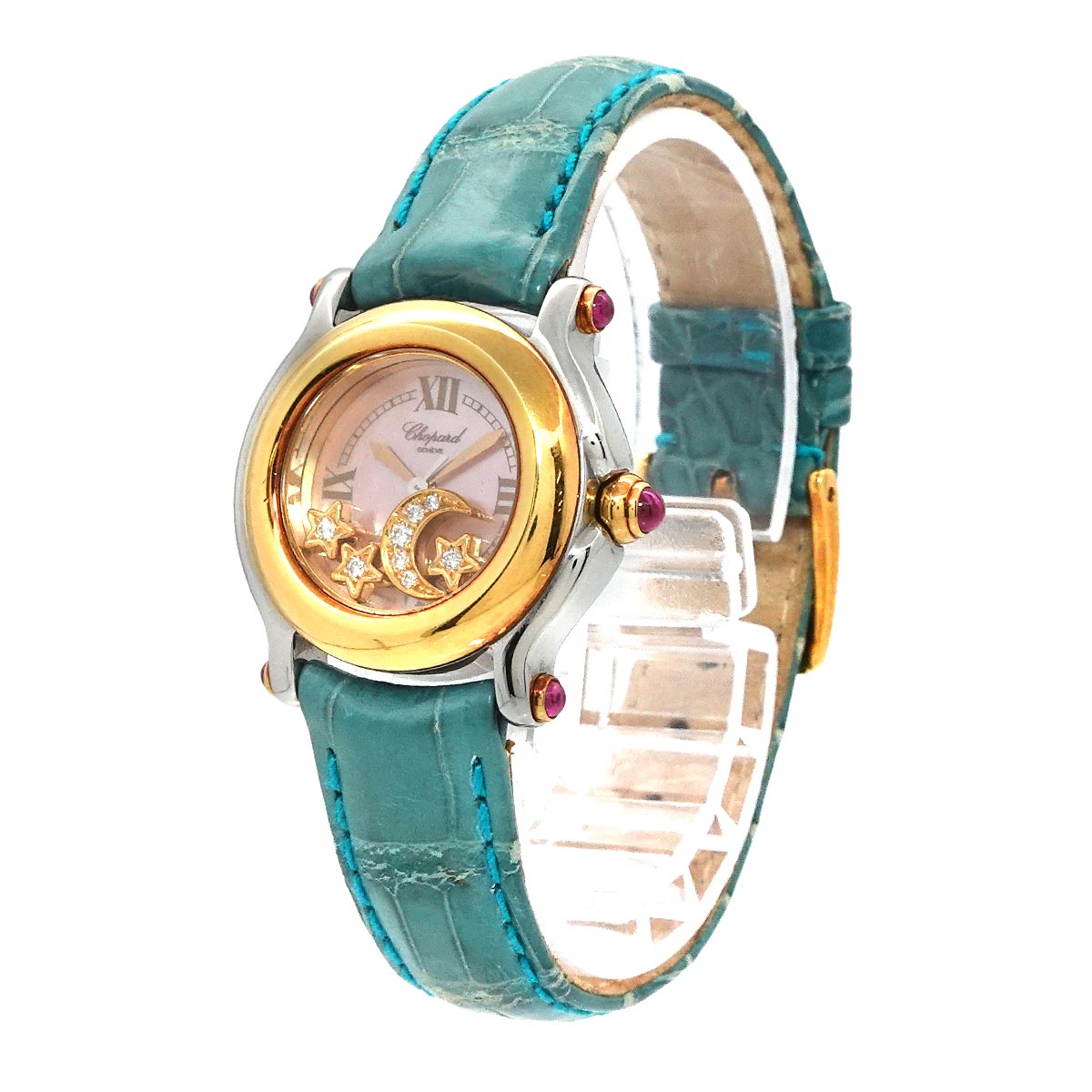 Chopard Happy Sports Two-tone Watch 27 8246 42 Women's Watch with 4 Diamonds, Moon, Stars, Pink Shell, and Yellow Gold Quartz Movement (90303525)