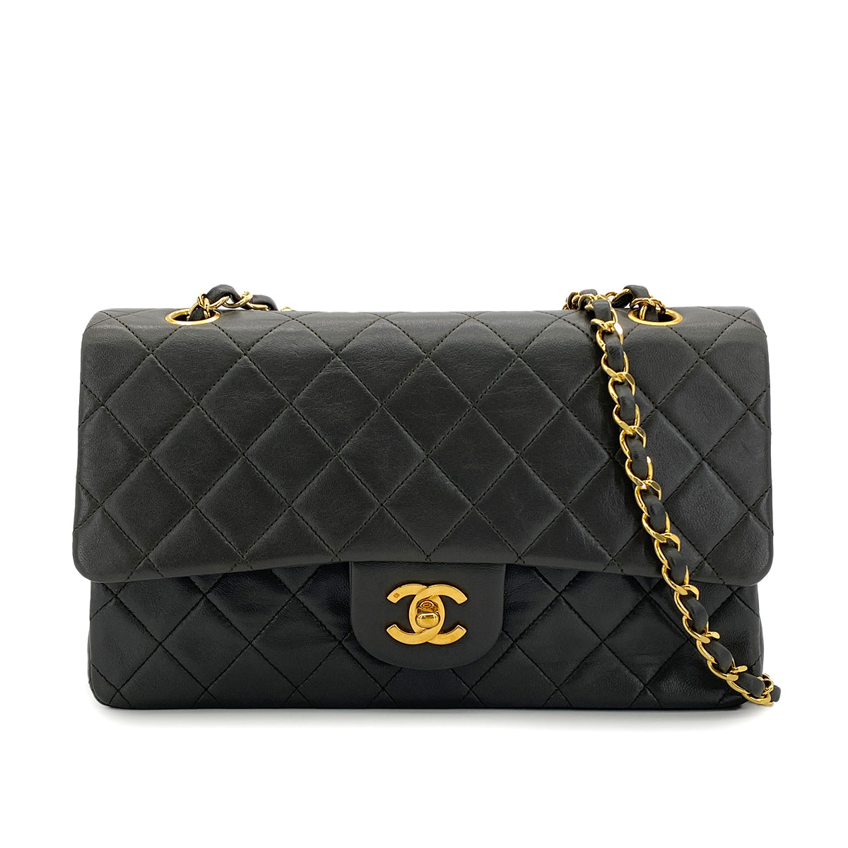 CHANEL VINTAGE CLASSIC FLAP MEDIUM CHAIN SHOULDER BAG KAHKI LAMB SKIN 90303729