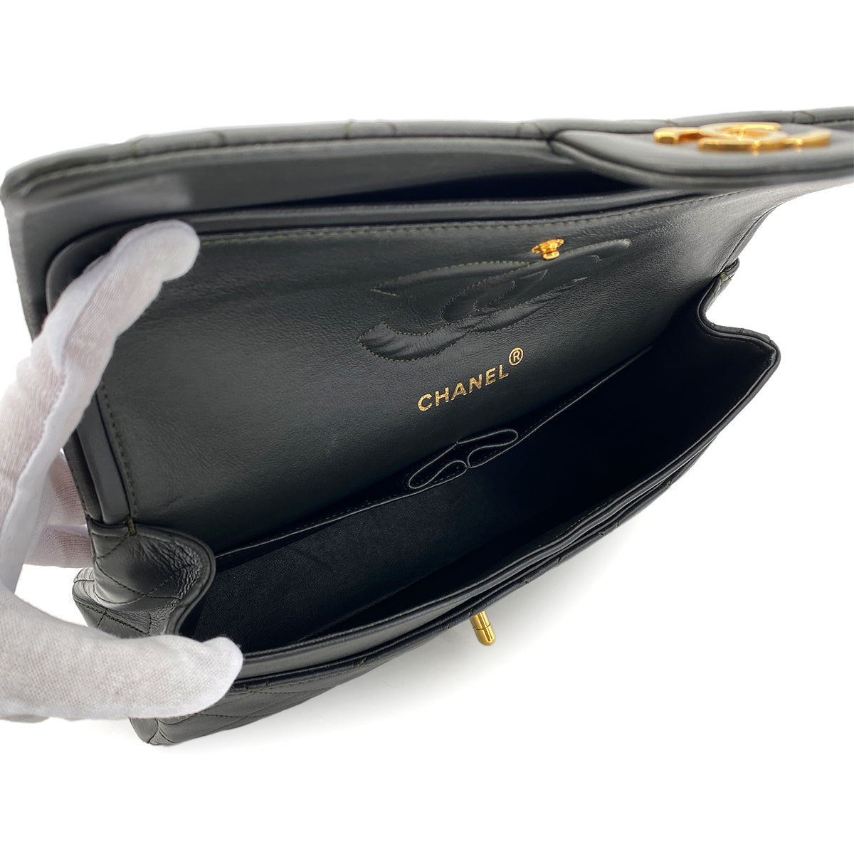 CHANEL VINTAGE CLASSIC FLAP MEDIUM CHAIN SHOULDER BAG KAHKI LAMB SKIN 90303729