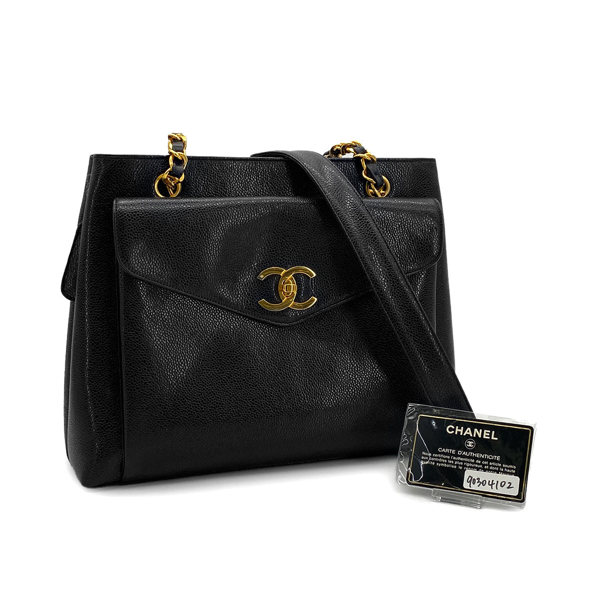 CHANEL VINTAGE TURN LOCK CHAIN TOTE SHOULDER BAG BLACK CAVIAR SKIN 90304102