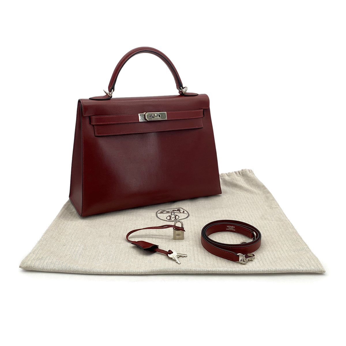 HERMES KELLY 32 SELLIER ROUGE H BOX CALF HAND BAG □F PHW 90304177