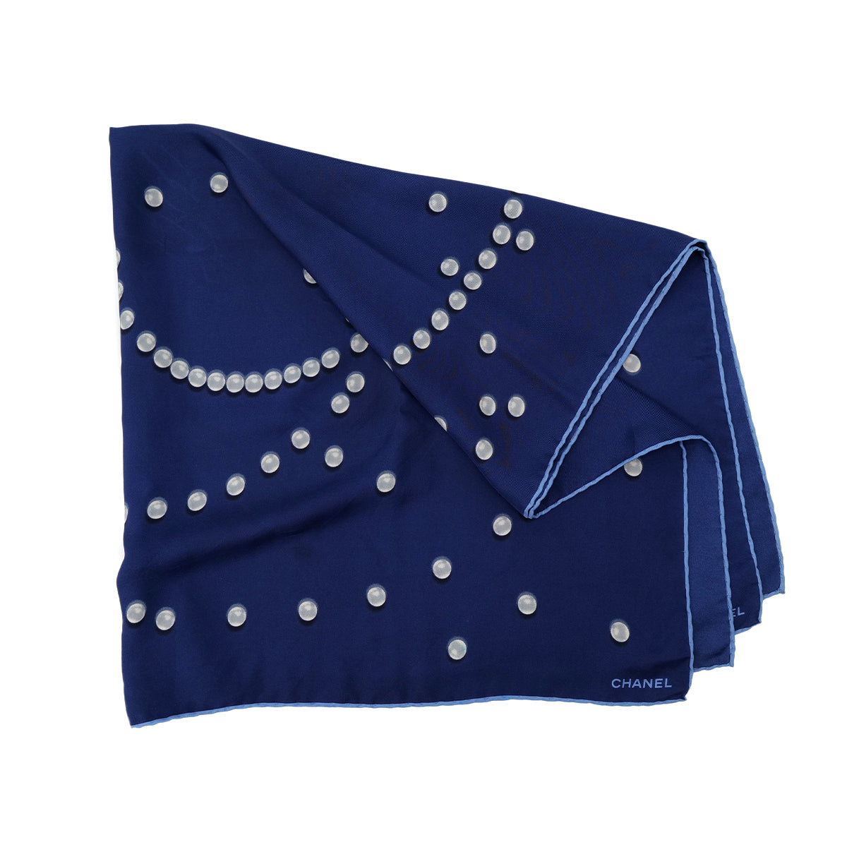 CHANEL VINTAGE SCARF COCOMARK PEARL PATTERN NAVY WHITE SILK 90304190