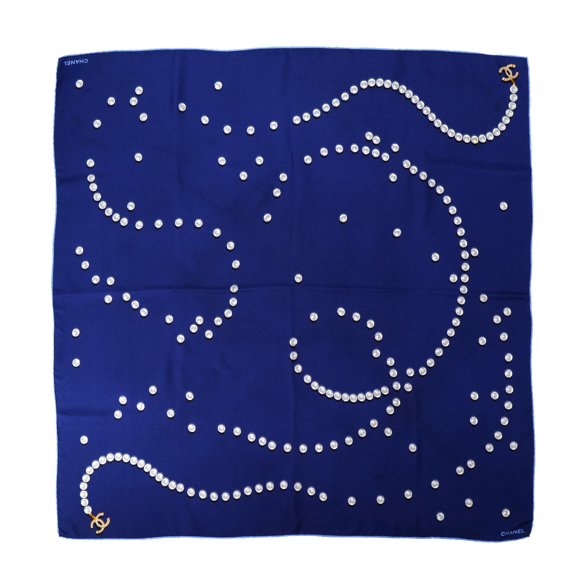CHANEL VINTAGE SCARF COCOMARK PEARL PATTERN NAVY WHITE SILK 90304190