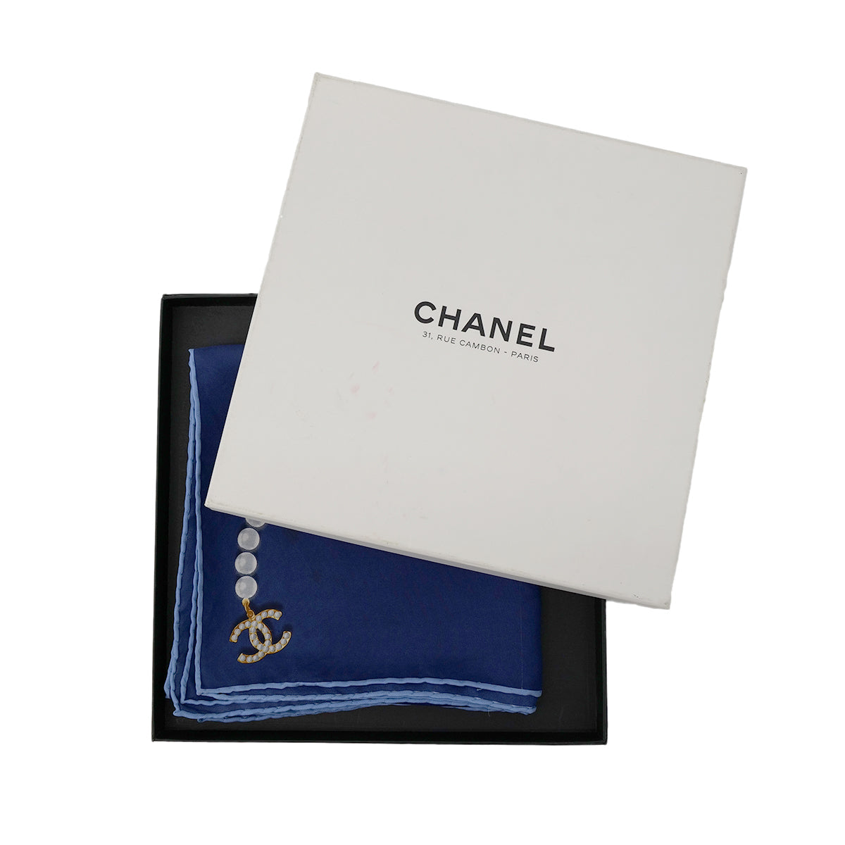CHANEL VINTAGE SCARF COCOMARK PEARL PATTERN NAVY WHITE SILK 90304190