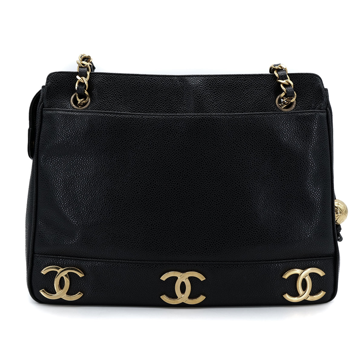 CHANEL VINTAGE TRIPLE COCO CHAIN TOTE BAG BLACK CAVIAR SKIN 90304692